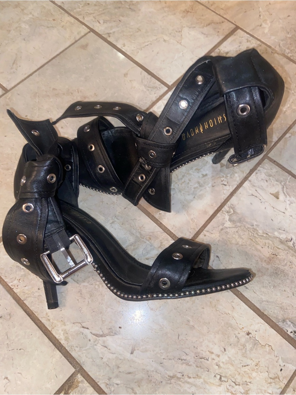 Fashion Nova Black Grommet Wrap Heel Sandals